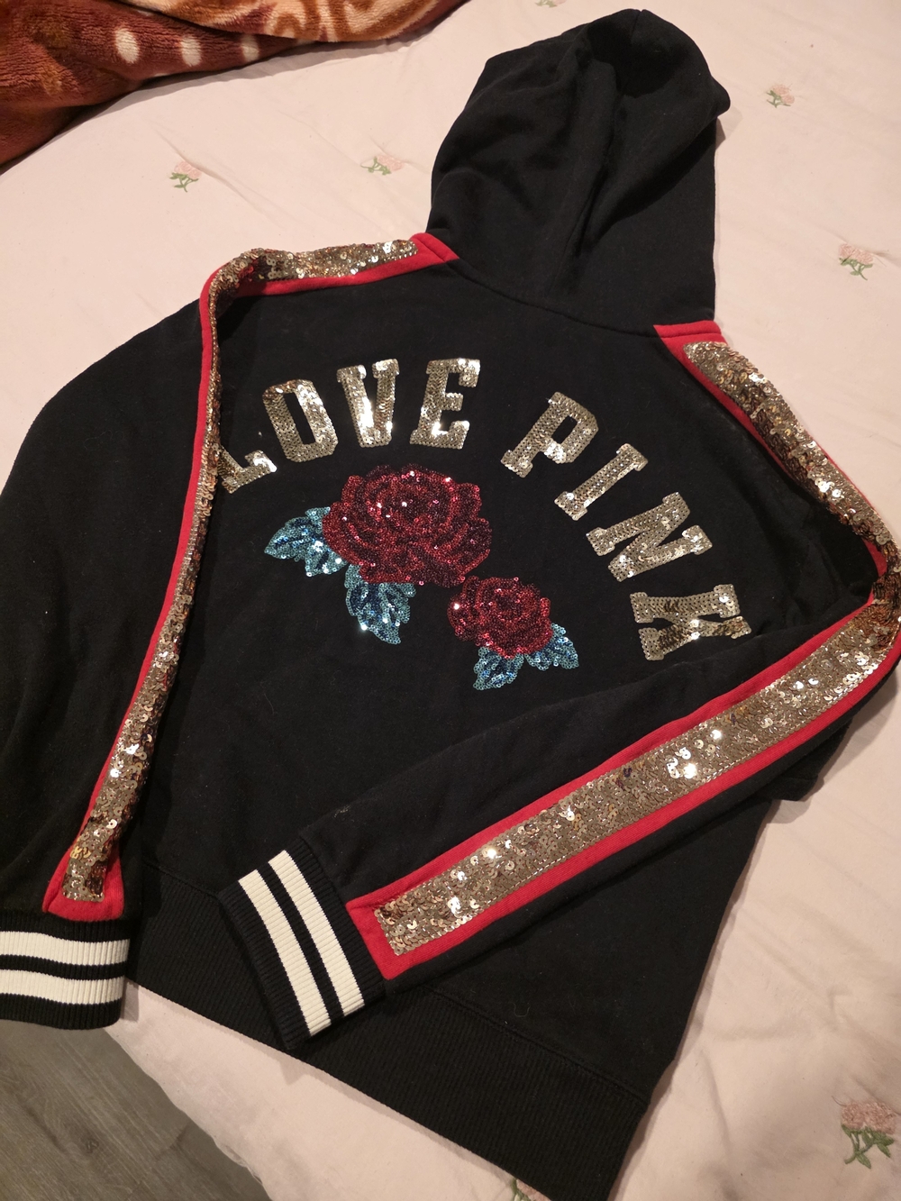PINK Victoria's Secret Black Sequin Rose Hoodie with Gold & Red Trim